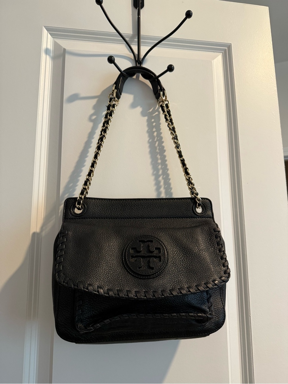 Tory Burch Black Leather Whipstitch Shoulder Bag with Chain Strap